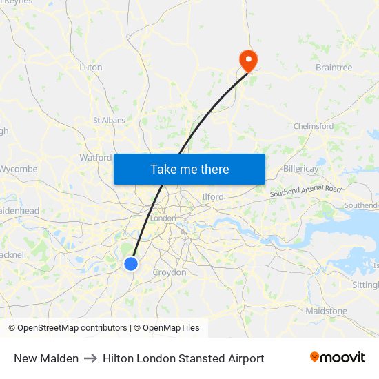 New Malden to Hilton London Stansted Airport map