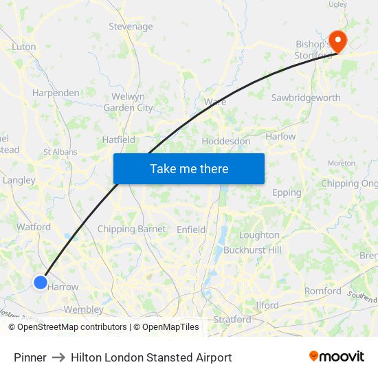 Pinner to Hilton London Stansted Airport map