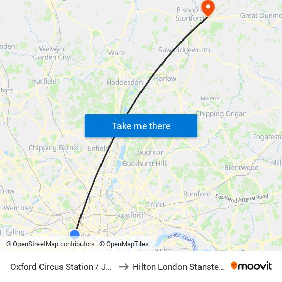 Oxford Circus Station / John Lewis to Hilton London Stansted Airport map