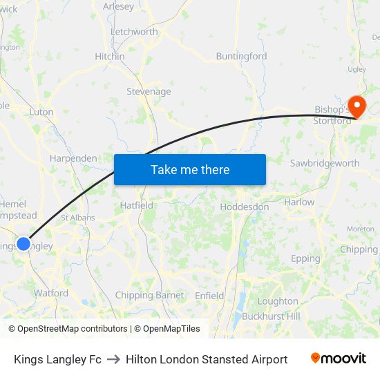 Kings Langley Fc to Hilton London Stansted Airport map
