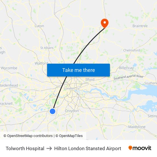Tolworth Hospital to Hilton London Stansted Airport map