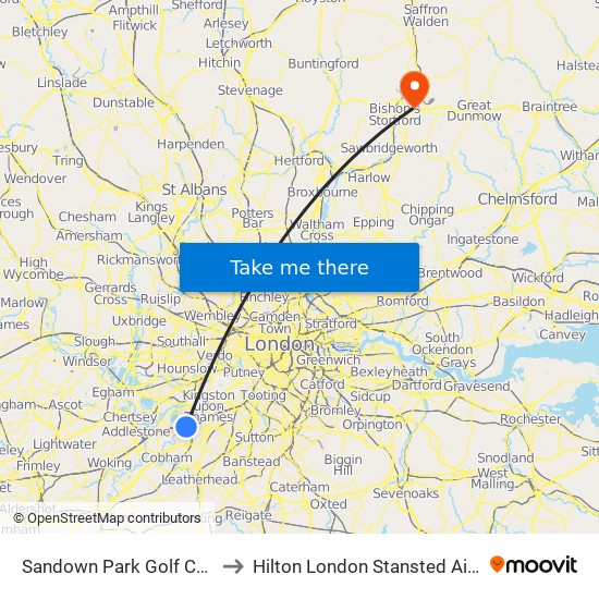 Sandown Park Golf Centre to Hilton London Stansted Airport map