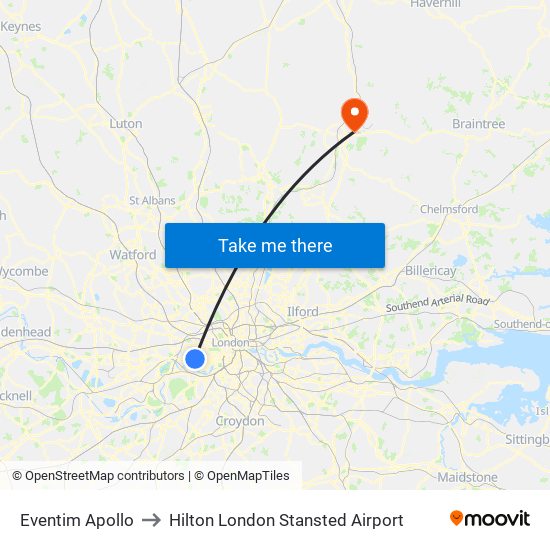 Eventim Apollo to Hilton London Stansted Airport map