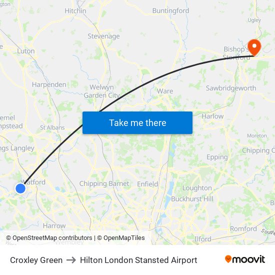 Croxley Green to Hilton London Stansted Airport map