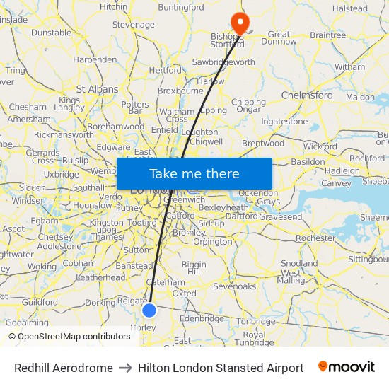 Redhill Aerodrome to Hilton London Stansted Airport map