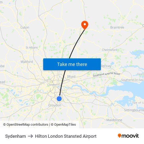 Sydenham to Hilton London Stansted Airport map