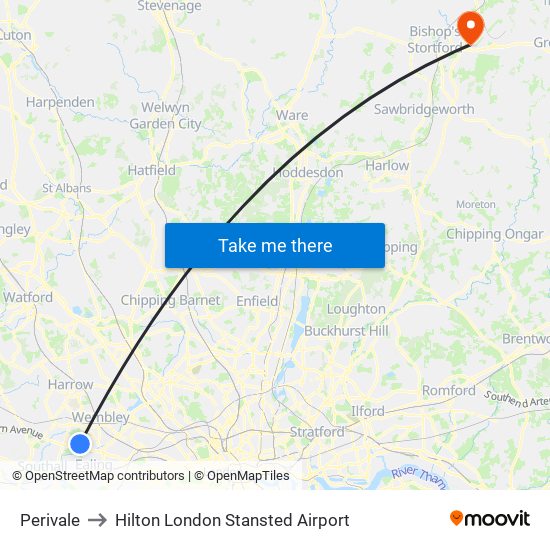 Perivale to Hilton London Stansted Airport map