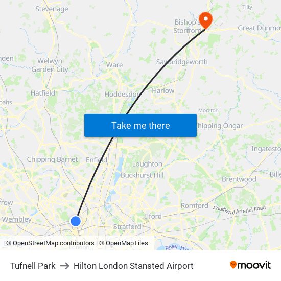 Tufnell Park to Hilton London Stansted Airport map