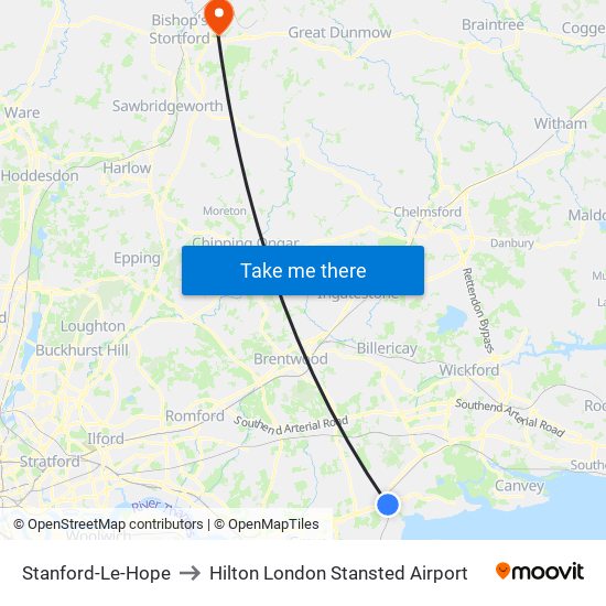 Stanford-Le-Hope to Hilton London Stansted Airport map