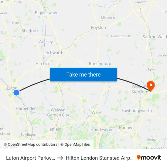 Luton Airport Parkway to Hilton London Stansted Airport map