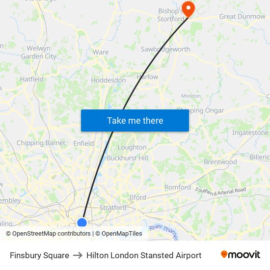 Finsbury Square to Hilton London Stansted Airport map