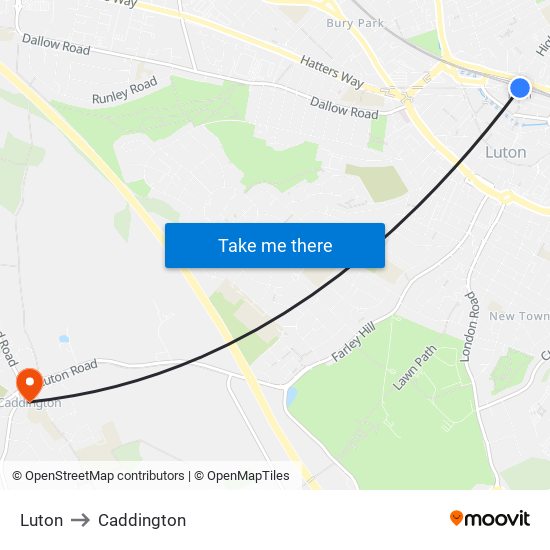 Luton to Caddington map