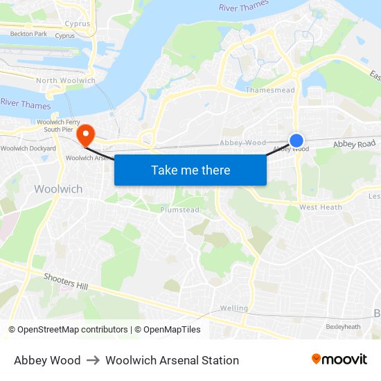 Abbey Wood to Woolwich Arsenal Station map