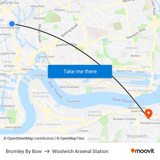 Bromley By Bow to Woolwich Arsenal Station map
