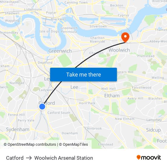 Catford to Woolwich Arsenal Station map