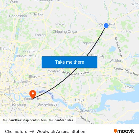 Chelmsford to Woolwich Arsenal Station map