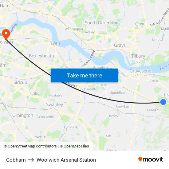 Cobham to Woolwich Arsenal Station map