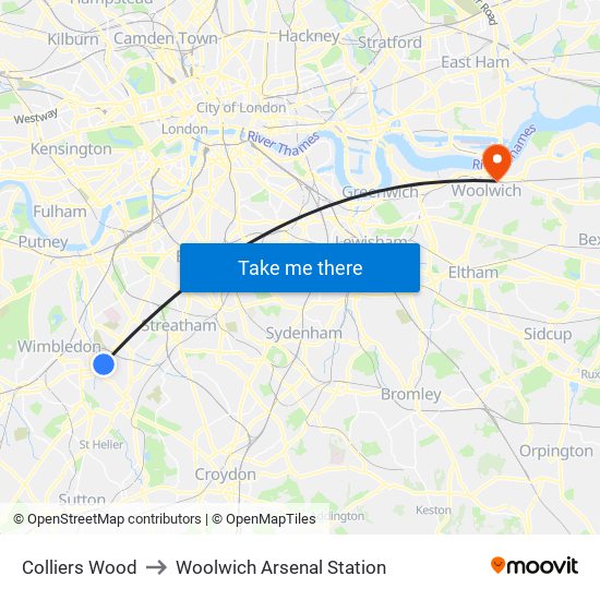 Colliers Wood to Woolwich Arsenal Station map