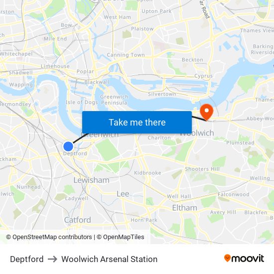 Deptford to Woolwich Arsenal Station map