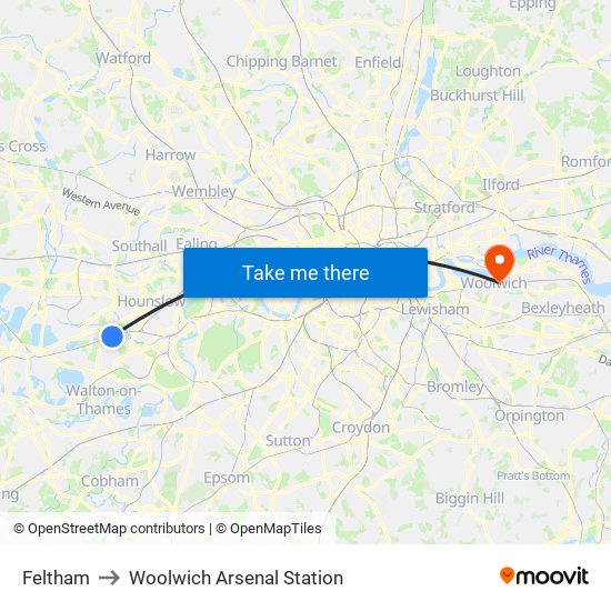 Feltham to Woolwich Arsenal Station map