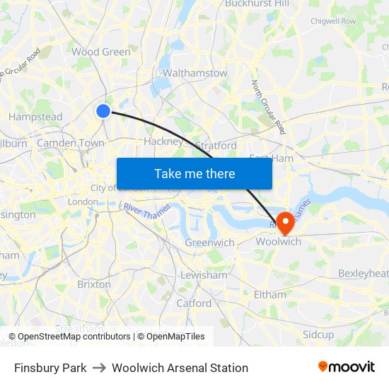 Finsbury Park to Woolwich Arsenal Station map