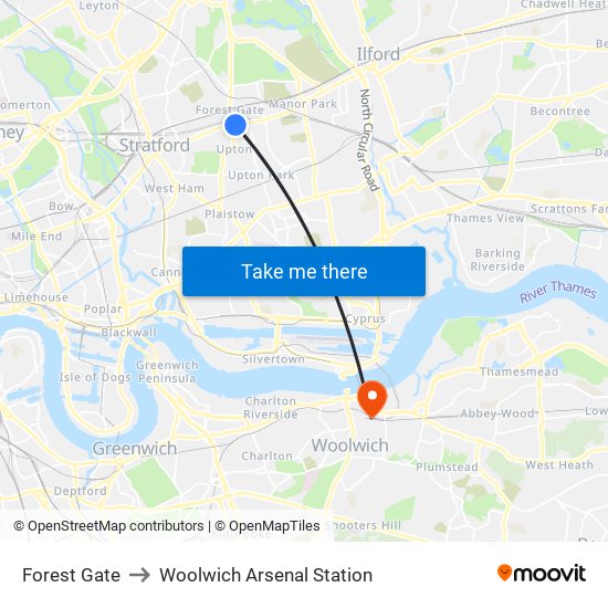 Forest Gate to Woolwich Arsenal Station map