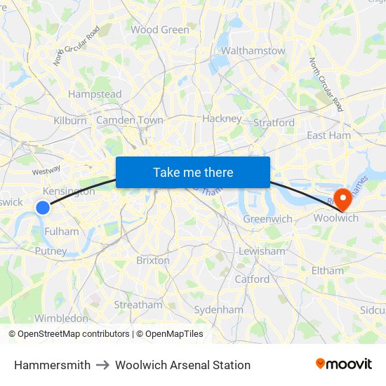 Hammersmith to Woolwich Arsenal Station map