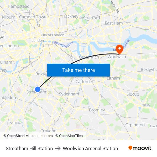 Streatham Hill Station to Woolwich Arsenal Station map