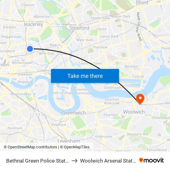 Bethnal Green Police Station to Woolwich Arsenal Station map