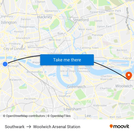 Southwark, Borough to Woolwich Arsenal Station, Woolwich with public ...