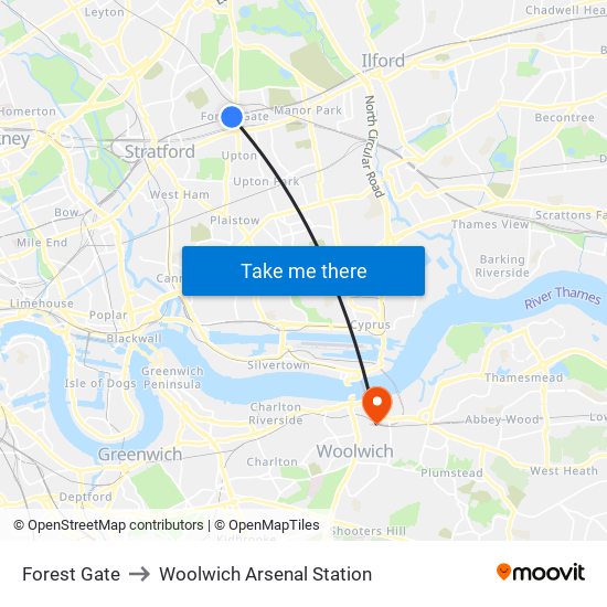 Forest Gate to Woolwich Arsenal Station map