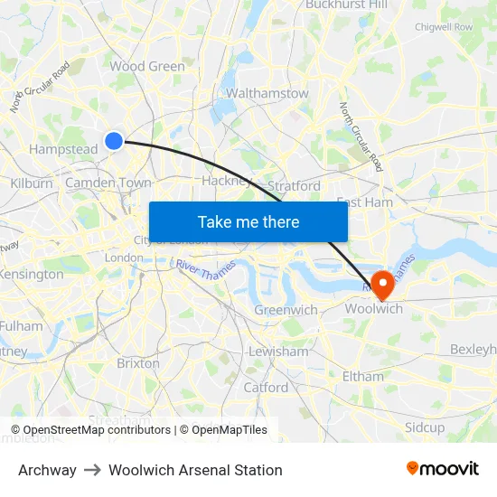 Archway to Woolwich Arsenal Station map