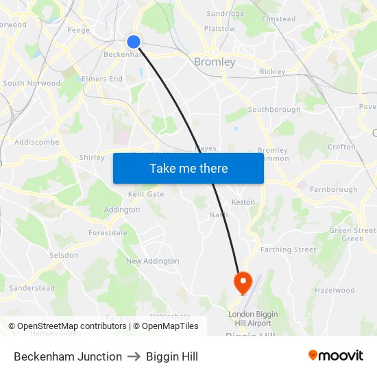 Beckenham Junction to Biggin Hill map