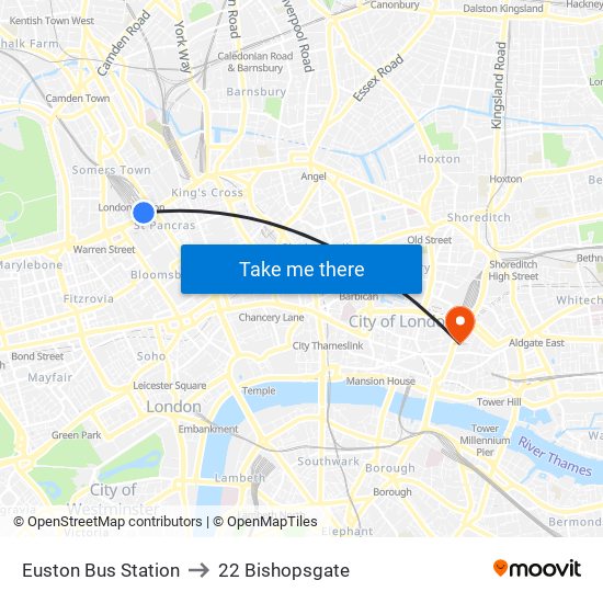 Euston Bus Station to 22 Bishopsgate map