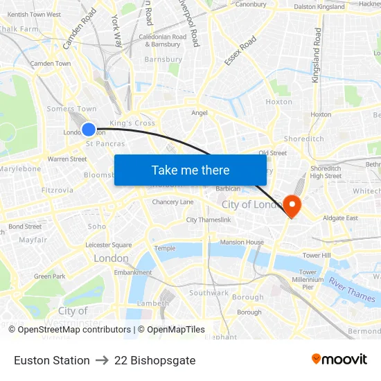 Euston Station to 22 Bishopsgate map