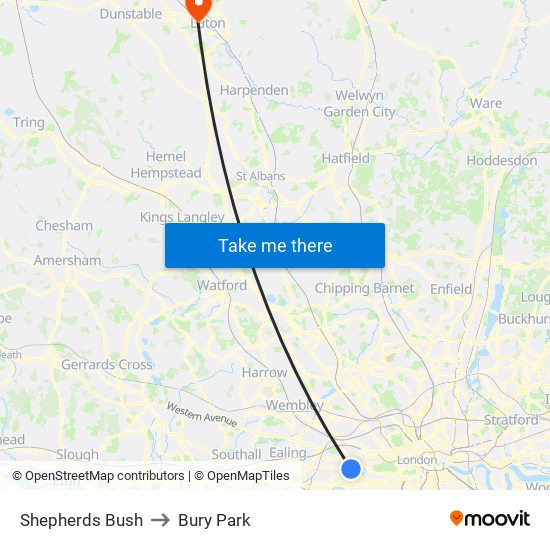 Shepherds Bush to Bury Park map