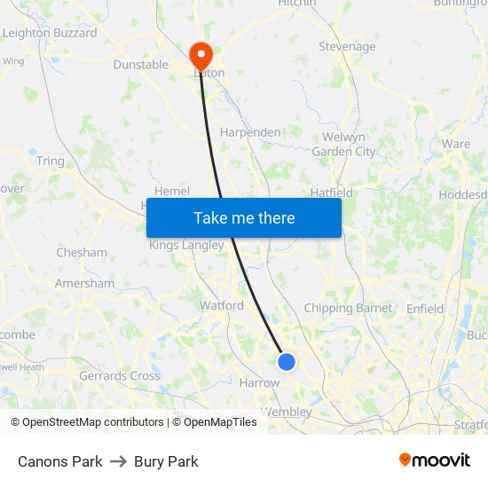 Canons Park to Bury Park map