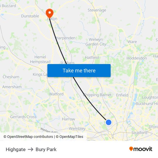 Highgate to Bury Park map