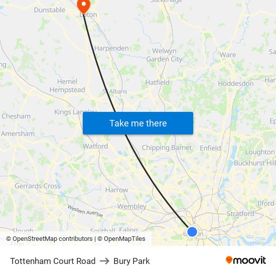 Tottenham Court Road to Bury Park map