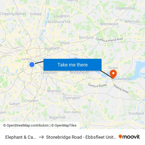Elephant & Castle to Stonebridge Road - Ebbsfleet United Fc map