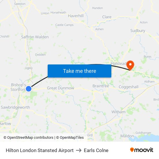 Hilton London Stansted Airport to Earls Colne map