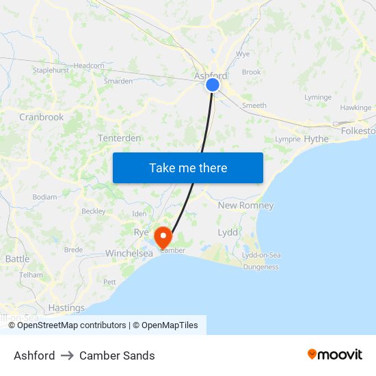 Ashford to Camber Sands map