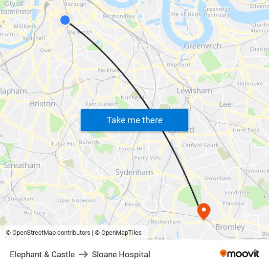 Elephant & Castle to Sloane Hospital map