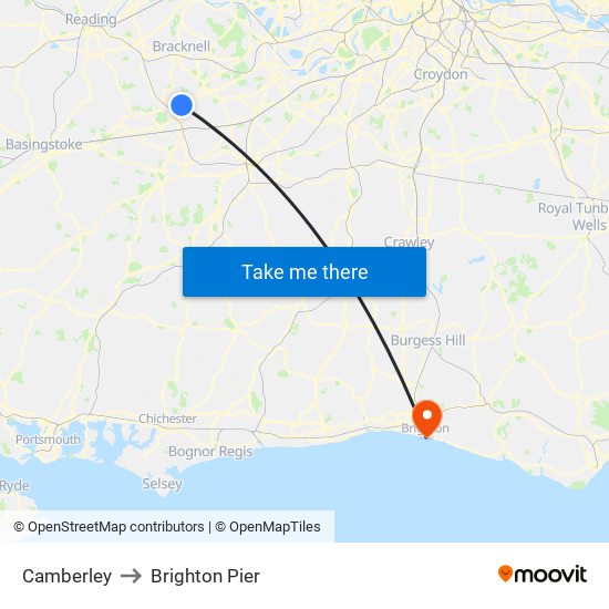 Camberley to Brighton Pier map