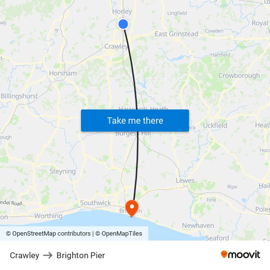 Crawley to Brighton Pier map