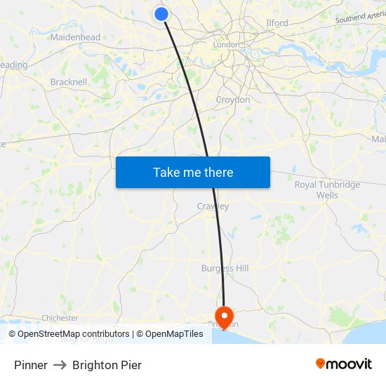 Pinner to Brighton Pier map