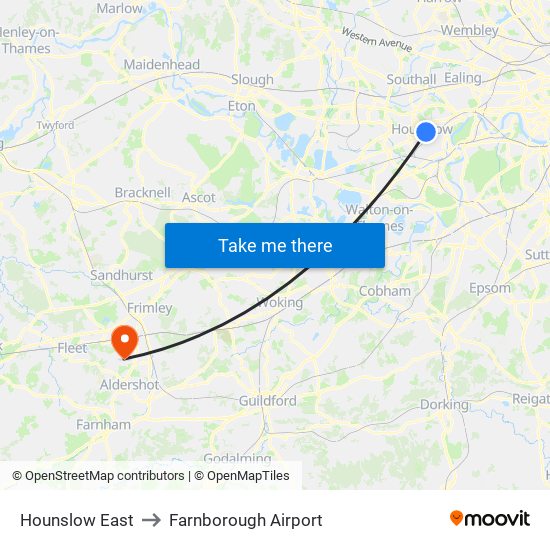 Hounslow East to Farnborough Airport map