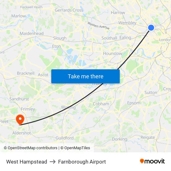 West Hampstead to Farnborough Airport map