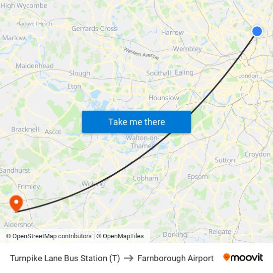 Turnpike Lane Bus Station (T) to Farnborough Airport map