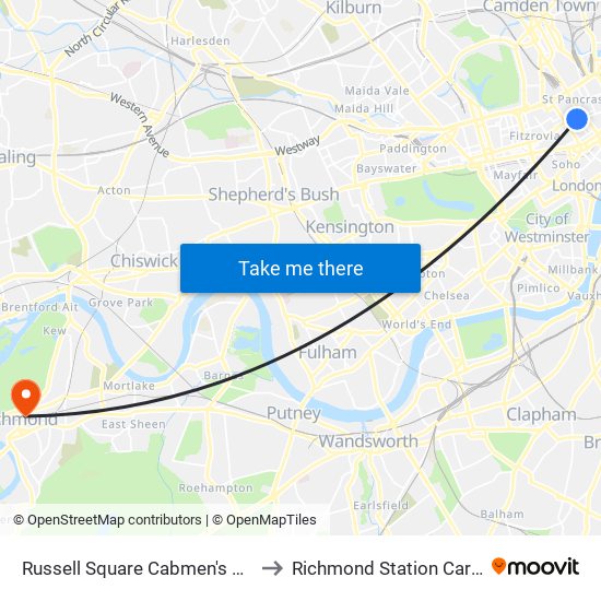 Russell Square Cabmen's Shelter to Richmond Station Car Park map